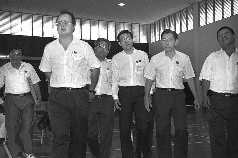 Mr Chiam See Tong (second from right) with Singapore Democratic Party (SDP) candidates at Tao Nan School on nomination day for by-election in Marine Parade Group Representation Constituency (GRC)