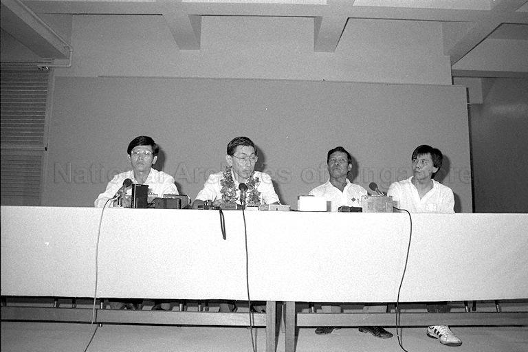 Singapore Democratic Party (SDP) holding a press conference at Braddell Secondary School after winning Potong Pasir constituency in General Election 1988. From left are Sin Kek Tong (Braddell Heights), Chiam See Tong (Potong Pasir), and Mohamed Shariff b Yahya (Kim Keat).