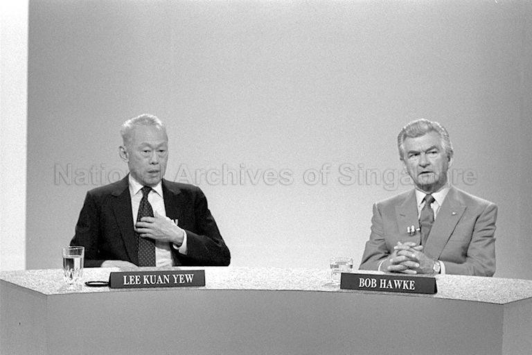 Prime Minister Lee Kuan Yew and Australian Prime Minister Bob Hawke at the interview with four Australian journalists at Singapore Broadcasting Corporation during the Australian PM's visit to Singapore