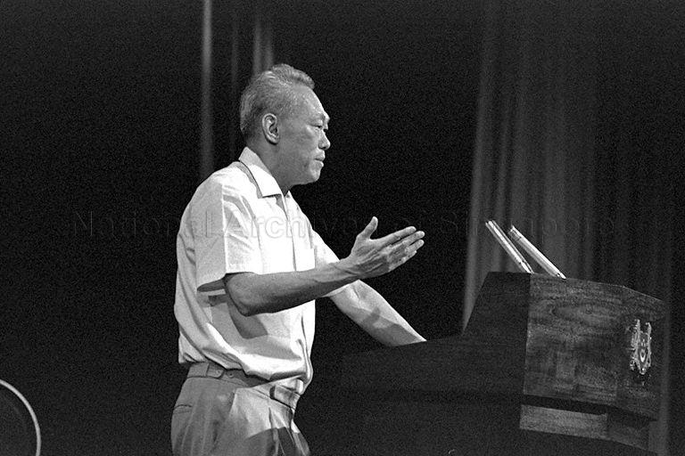 Prime Minister Lee Kuan Yew delivering National Day Rally speech at National Theatre