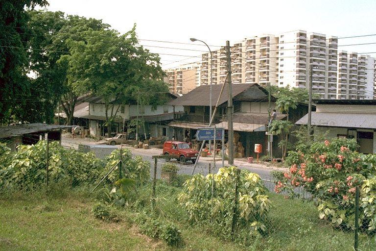 Jurong Road -- View from Sin Nan Public School and old shophouses located at 12 milestone around Hong Kah Village, contrasting with newer Housing and Development Board (HDB) flats in the background