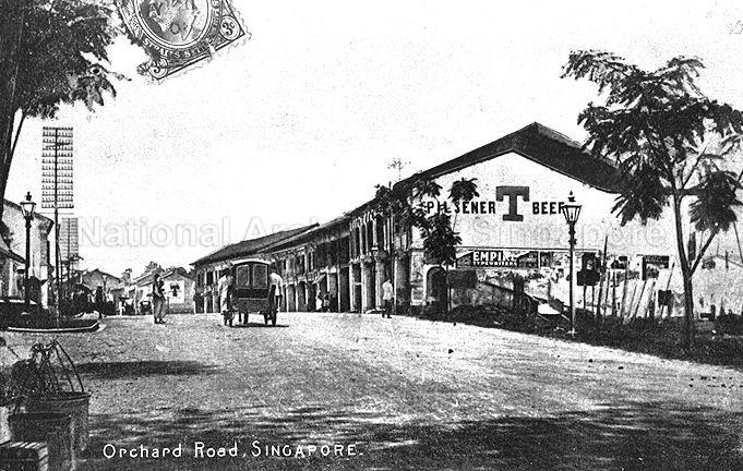 Orchard Road, viewing from junction of Grange Road, Singapore. The gas lamp on the left marks the junction of Cairnhill Road.