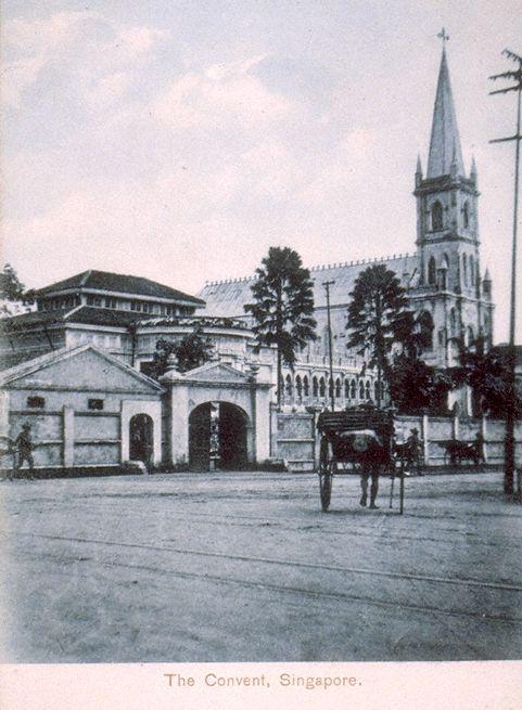 View of Convent of the Holy Infant Jesus (CHIJ), located at corner of Bras Basah Road and Victoria Street and thus affectionately called "Town Convent", featuring the Gate of Hope (small gate on left), Caldwell House and Chapel. Babies were often left at the Gate of Hope to be picked up by Sisters of the convent which was both an orphanage and a school for girls.