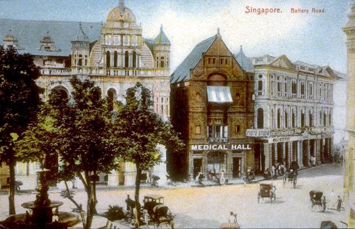 Battery Road featuring Hongkong and Shanghai Bank (left) built in 1892, Medical Hall (centre) located in the Red House (so called because of the red bricks used) set up by early German immigrants in the 1850s and Tan Kim Seng fountain (bottom left) at Fullerton Square. Officially unveiled on 19 May 1882, the fountain was built in commemoration of Tan Kim Seng's generous $13,000 contribution towards constructing Singapore's first public waterworks.