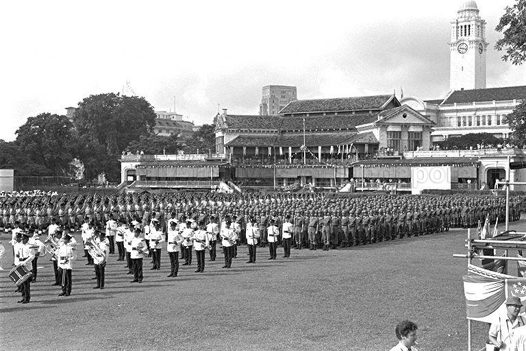 National Day Parade 1966 at the Padang - View of contingents about to move off from the field for marchpast