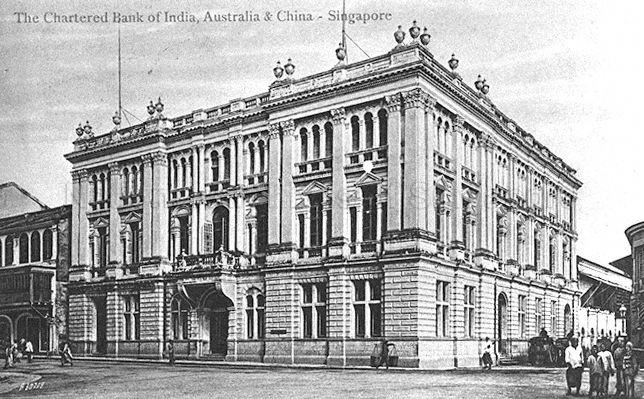 View of the Chartered Bank of India, Australia and China on the corner of Battery Road and Flint Street, Singapore