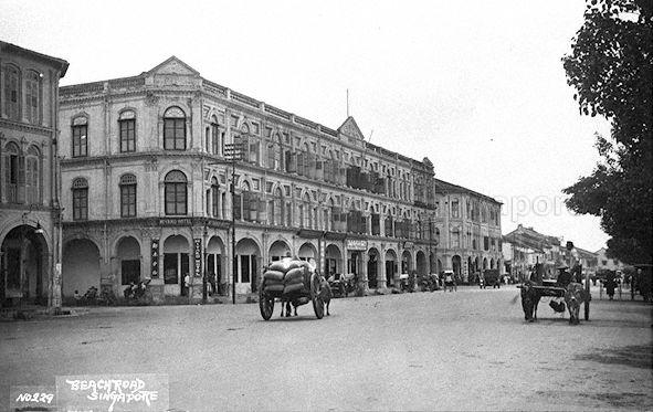 Beach Road, Singapore, with the "Miyako Hotel" (left, with signboard above arched corridor on ground floor)