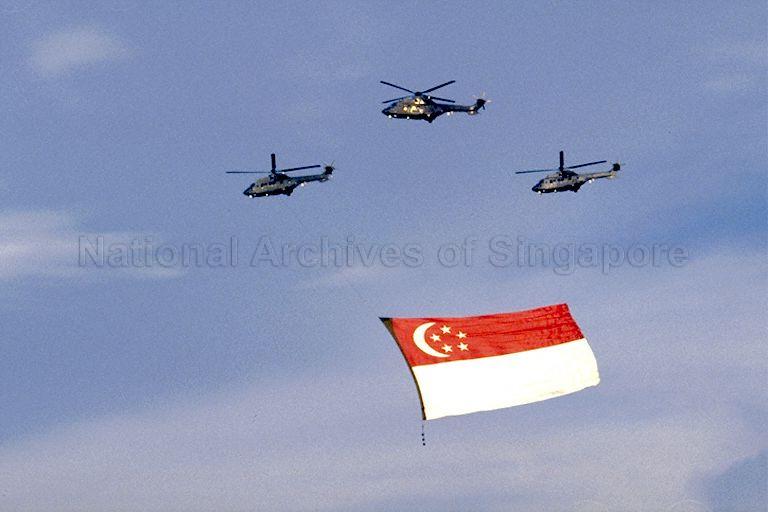 National Day Parade 1990 Rehearsal at the Padang -- Flypast of State flag