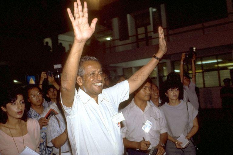 General Election 1984 - Workers' Party candidate for Anson constituency J B Jeyaretnam waving to supporters