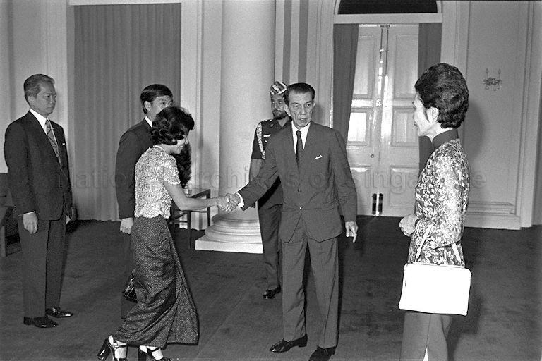Khmer Republic's Foreign Minister Keuky Lim and his wife calling on President and Mrs Benjamin Henry Sheares at Istana. On the far left is Ambassador of Khmer Republic to Singapore K R L Wongsanith.