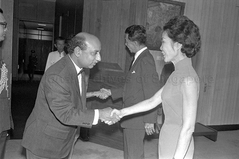 Singapore's first Ambassador to Soviet Union P S Raman greeting Mrs Benjamin Sheares when he and his wife call on President Dr Benjamin Henry Sheares at Istana