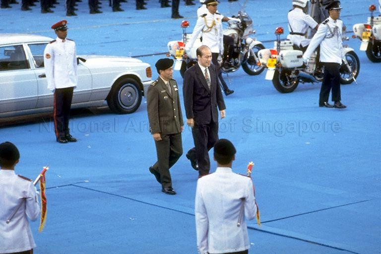 National Day Parade 1997 Preview at National Stadium -- Arrival of Speaker of Parliament Tan Soo Khoon, escorted by Chief of Army Major-General Han Eng Juan