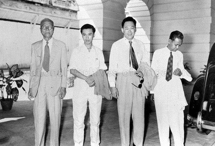 Elected into the Legislative Assembly were (from left) People's Action Party (PAP) candidates Goh Chew Chua, Lim Chin Siong, Lee Kuan Yew and independent candidate Ahmad Ibrahim