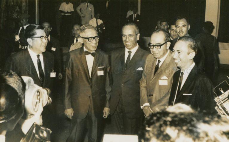 Founding members of Association of Southeast Asian Nations (ASEAN) in Bangkok, Thailand. From left: Foreign Ministers Thanat Khoman of Thailand, Narciso R Ramos of the Philippines, S Rajaratnam of Singapore, Tun Abdul Razak of Malaysia and Adam Malik of Indonesia.