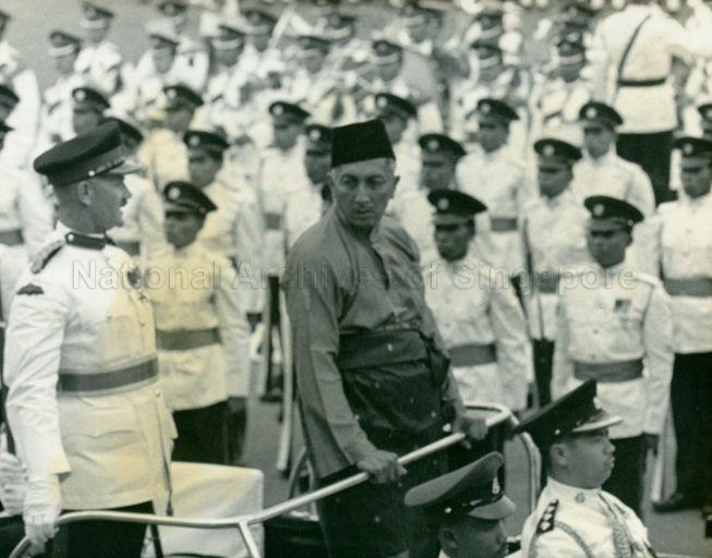 National Day Rally 1963 at the Padang - Yang Di-Pertuan Negara Yusof Ishak inspecting Parade