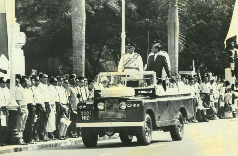 National Day Parade 1966 at the Padang - President Yusof Ishak, accompanied by Minister of Defence Dr Goh Keng Swee, inspecting the parade
