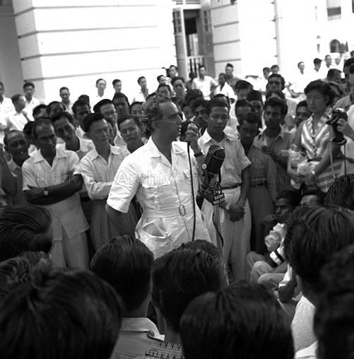 Chief Minister David Marshall of the Labour Front Party speaking to a crowd of supporters at Empress Place