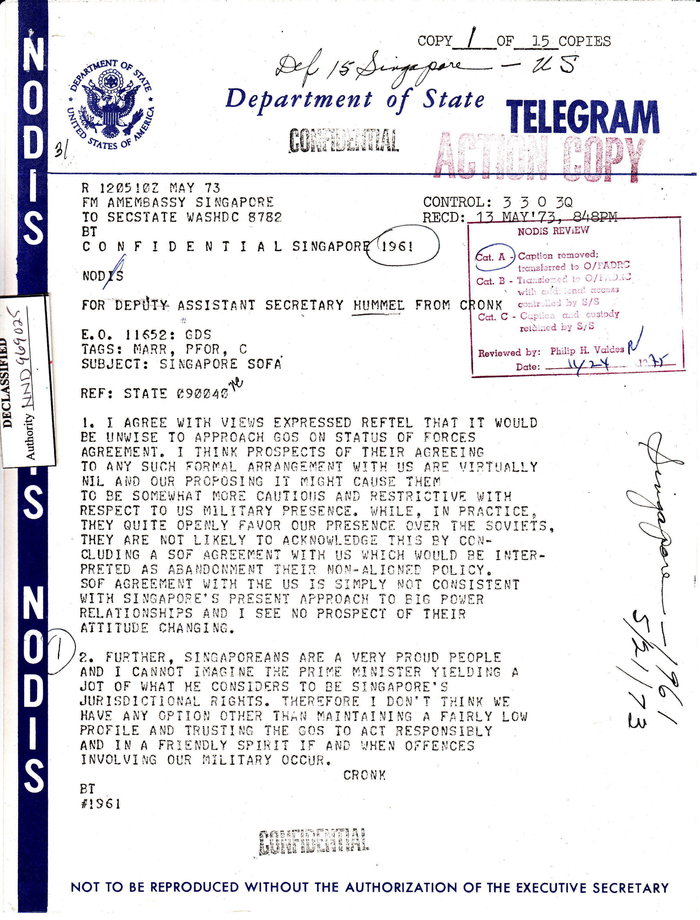 1961 Status of forces agreement (SOFA) with Singapore