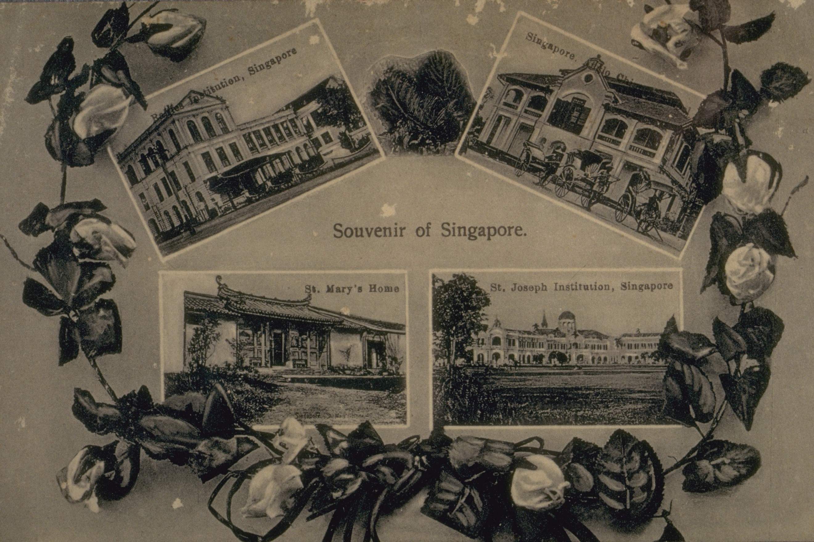 Multiview picture postcard featuring four institutions of learning in Singapore: Raffles Institution, Anglo Chinese School, St. Mary's Home and School, and St Joseph Institution