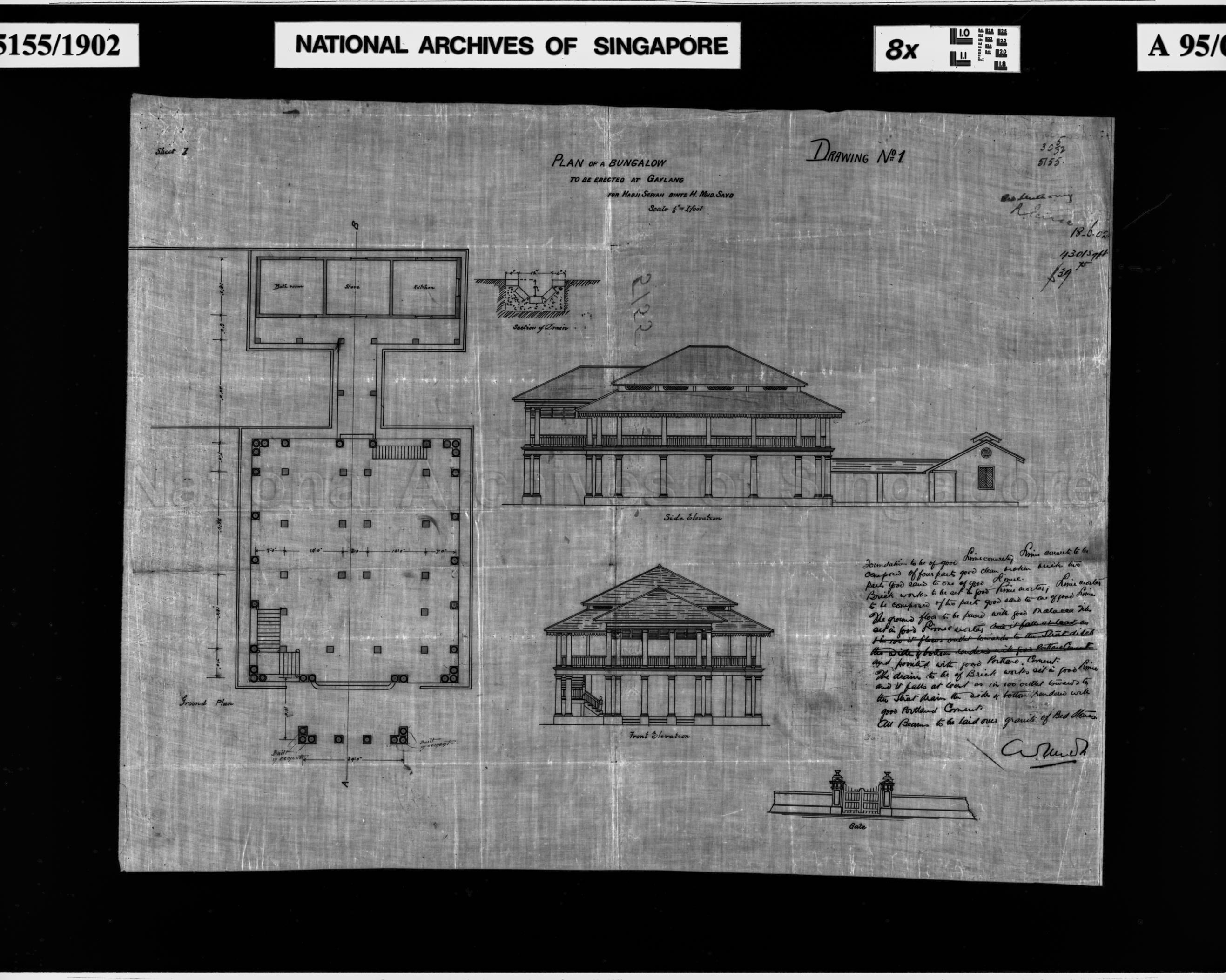 BUNGALOW - GROUND PLAN, ELEVATION AND SECTION - DRAWING NO 1