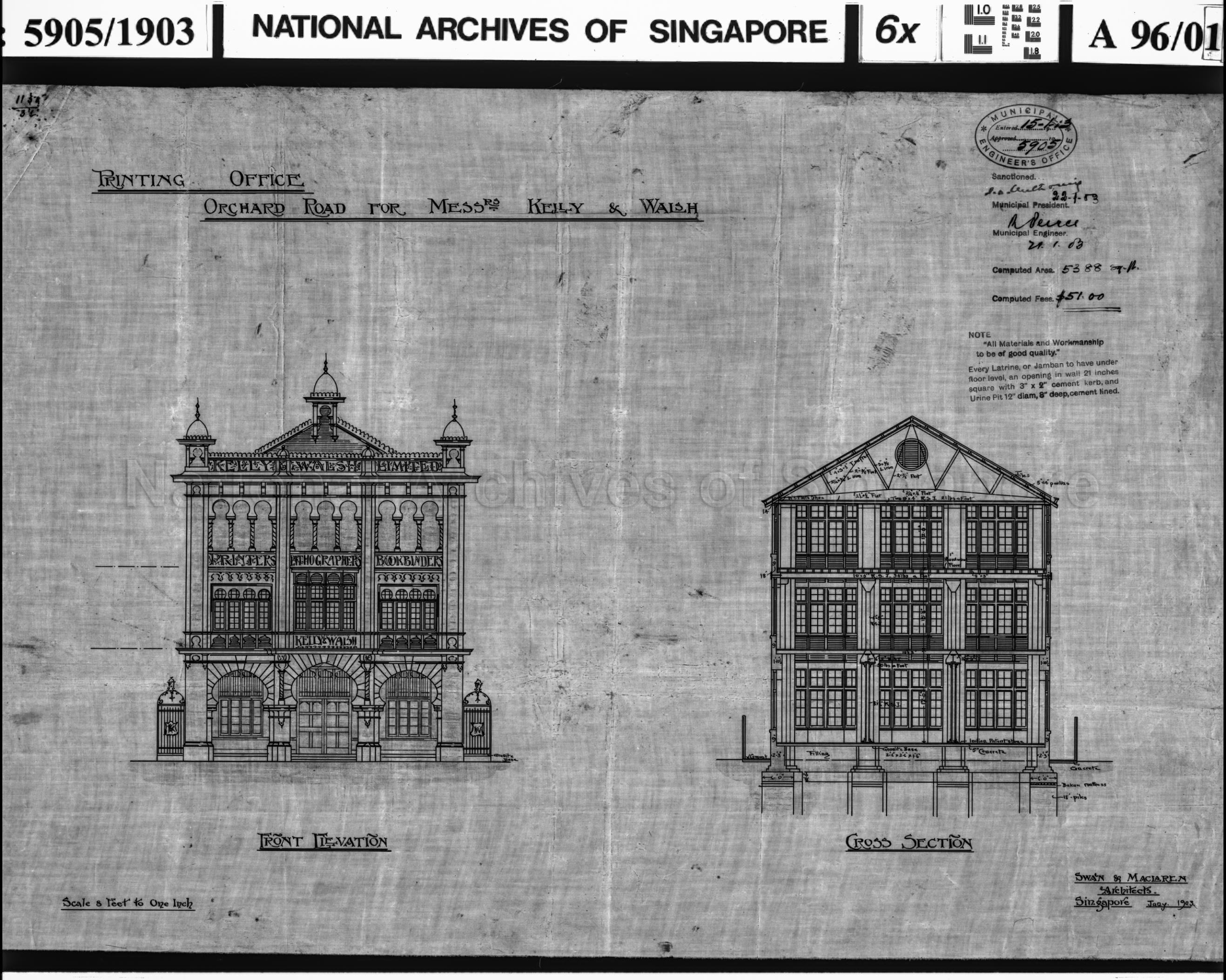 PRINTING OFFICE, FRONT ELEVATION AND CROSS SECTION