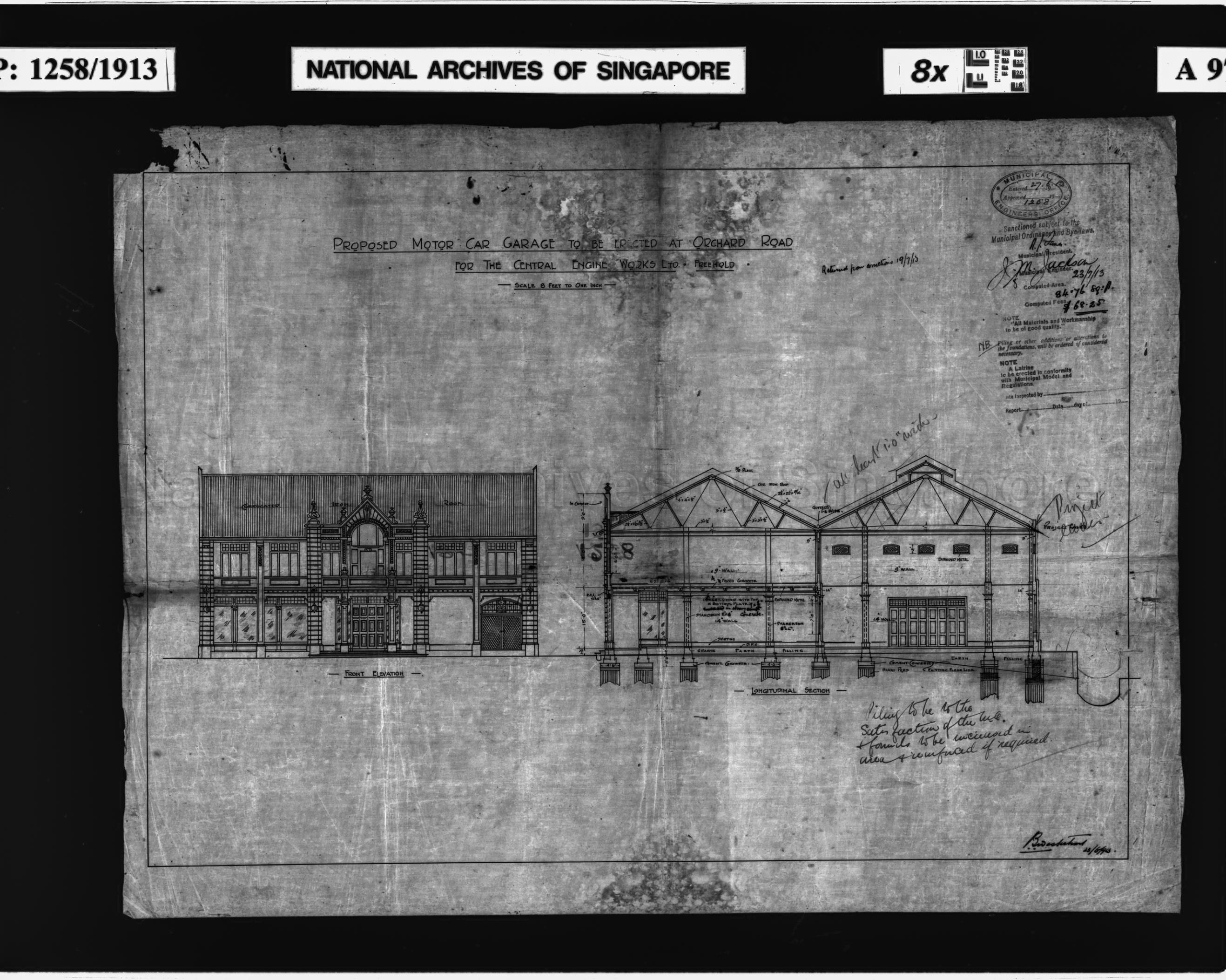 MOTOR CAR GARAGE - ELEVATION AND SECTION