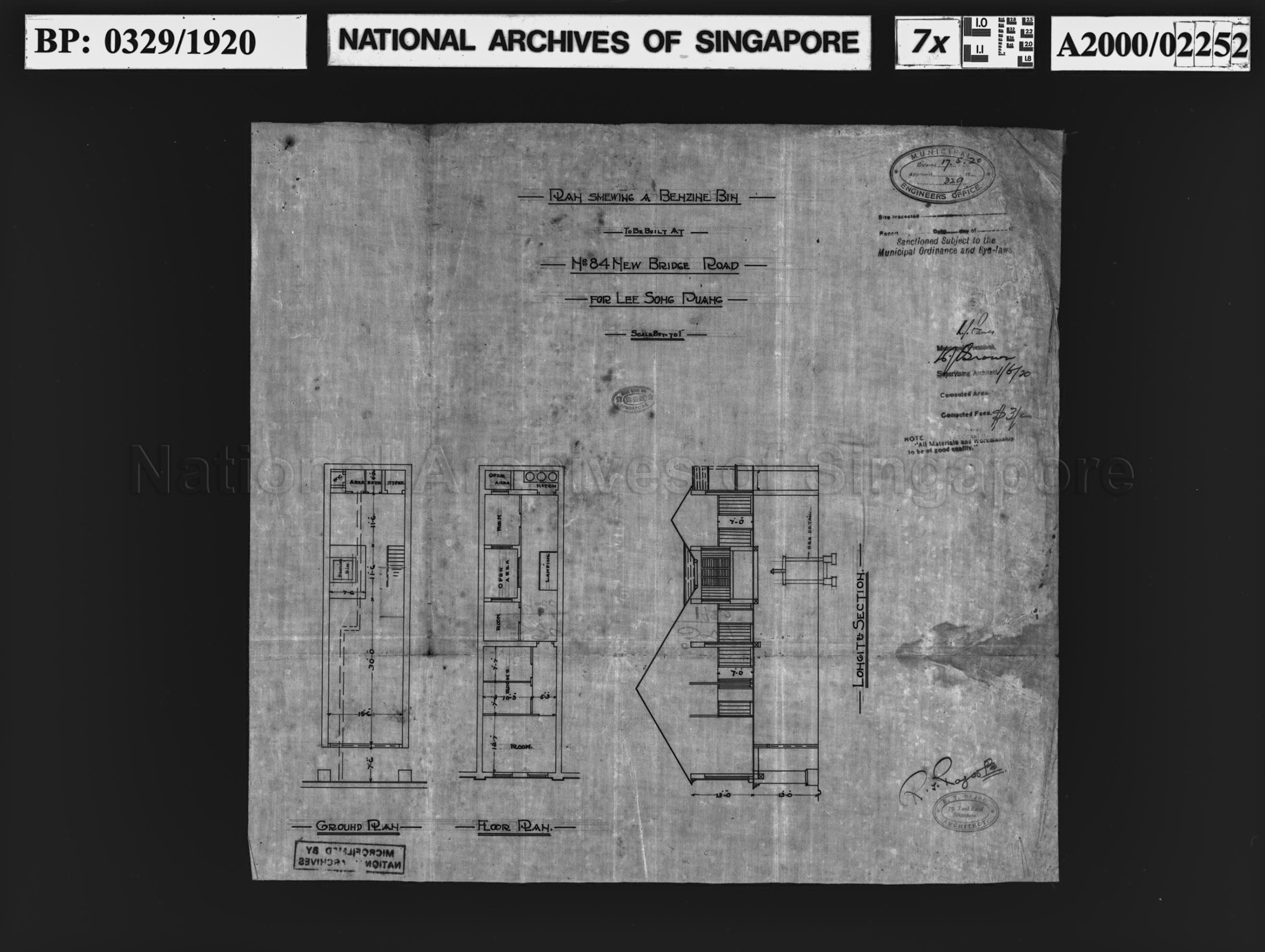 BENZINE BIN - GROUND AND FLOOR PLAN, LONGITUDINAL SECTION