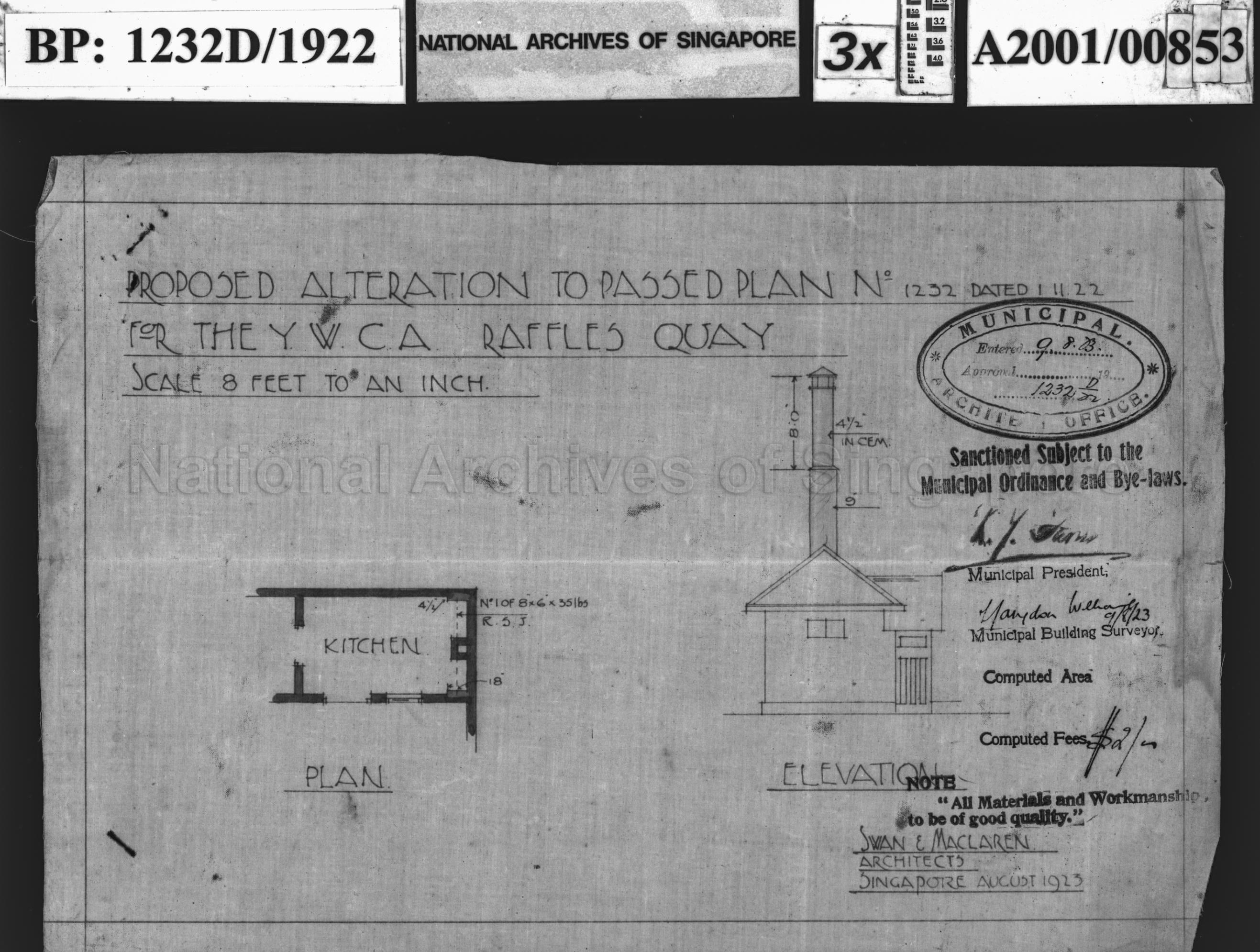 Y W C A - ALTERATION TO PASSED PLAN NO 1232 DATED 01-11-1922 …