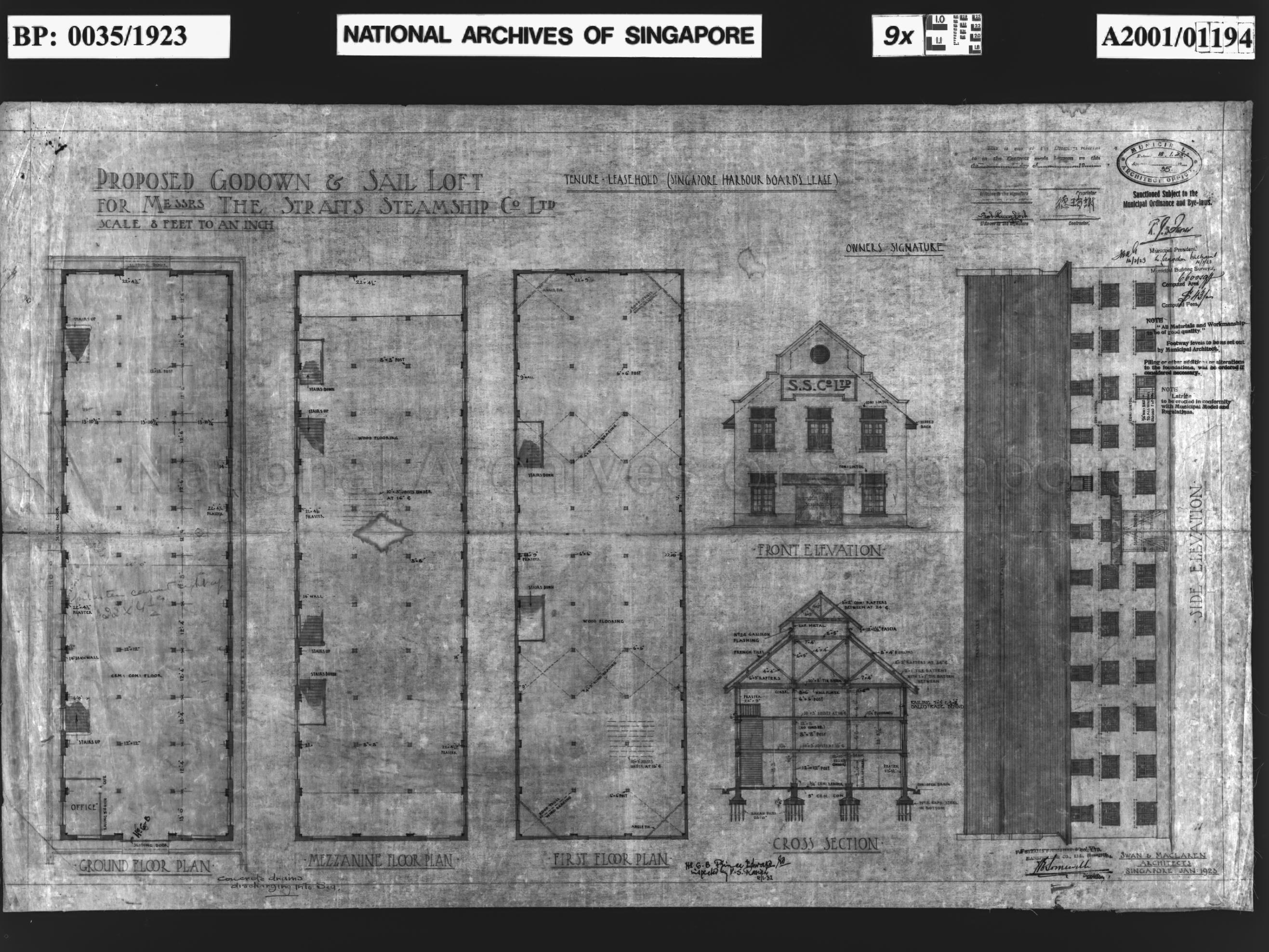 GODOWN AND SAIL LOFT - FLOOR PLANS, ELEVATIONS AND SECTION