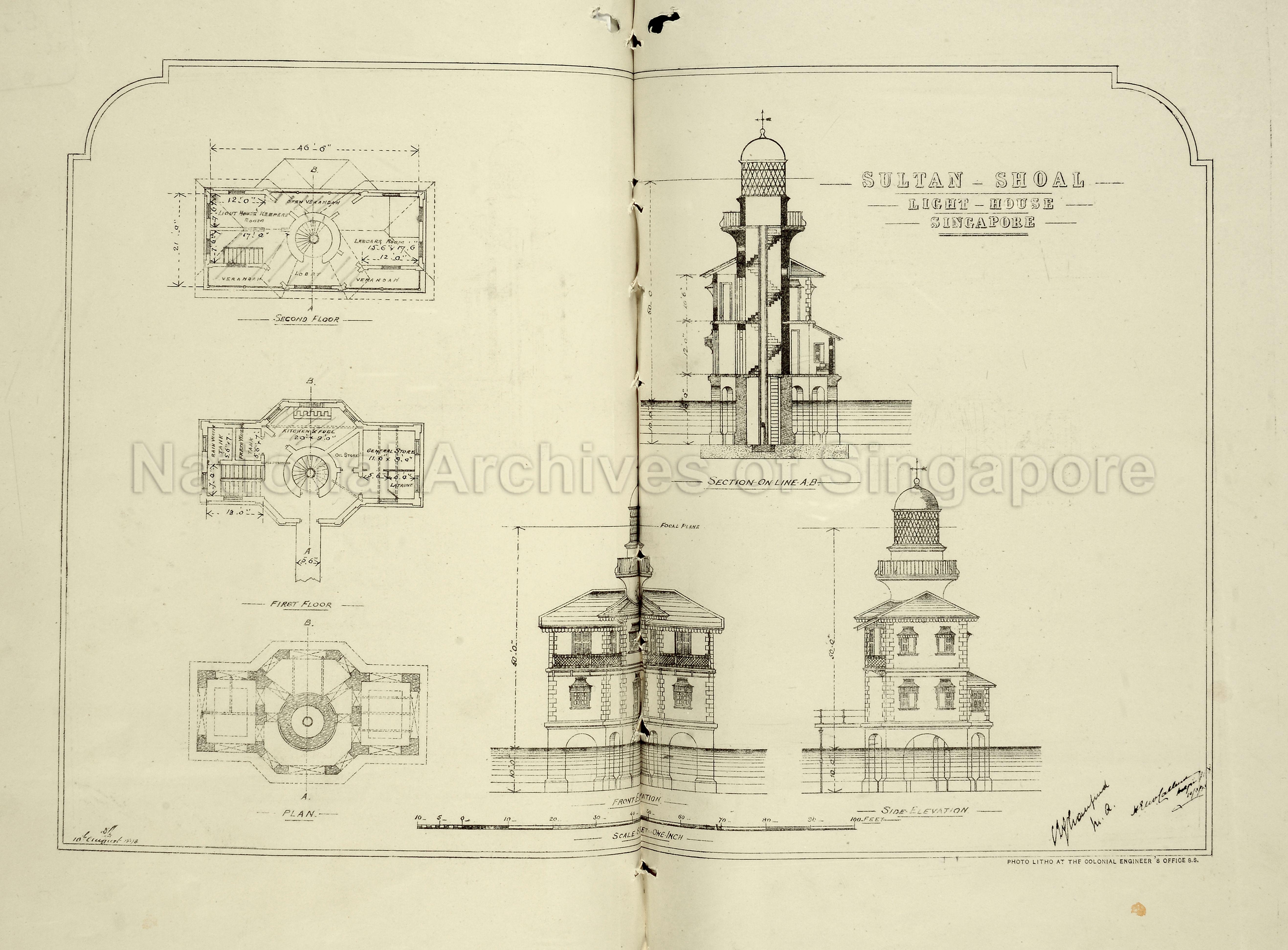 Lighthouse on Sultan Shoal: plans and drawing