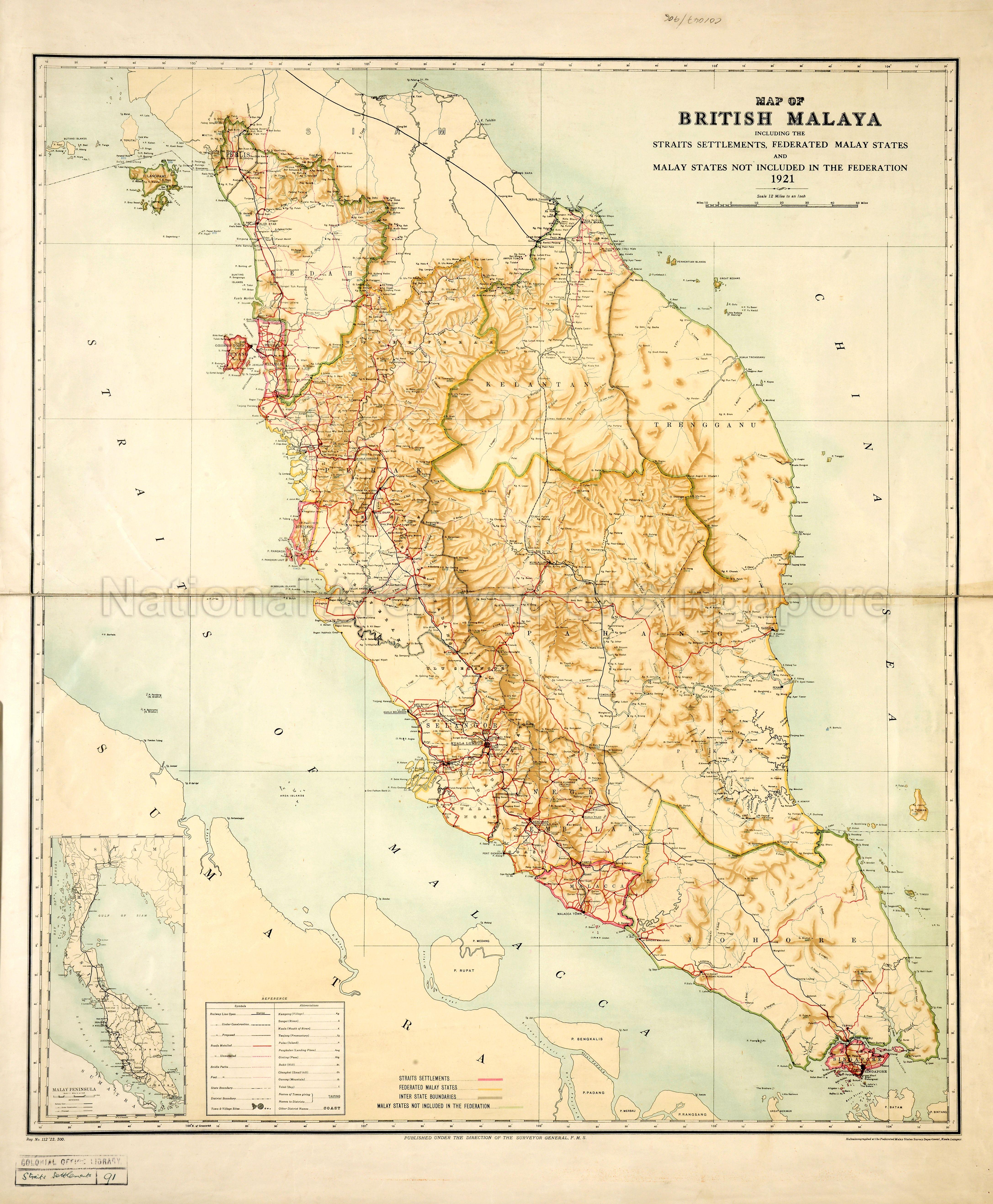 Map of British Malaya with an inset of the Malay Peninsula,