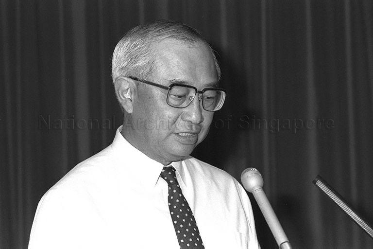 Close-up view of Minister for Finance Dr Richard Hu Tsu Tau speaking at official launch of Central Personnel Information System (CPIS) held in National Computer Board (NCB) auditorium