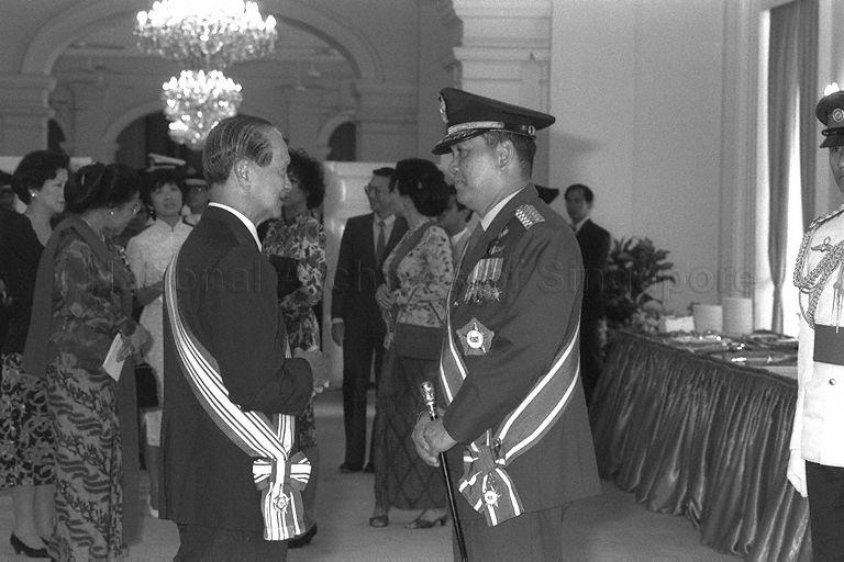 Taken at: Conferment of the Distinguished Service Order (Military) to Commander-in-Chief of Indonesian Armed Forces General Try Sutrisno by President Wee Kim Wee at the Istana Pictured: President Wee Kim Wee and Commander-in-Chief of Indonesian Armed Forces General Try Sutrisno
