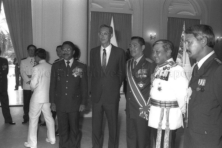 Taken at: Conferment of the Distinguished Service Order (Military) to Commander-in-Chief of Indonesian Armed Forces General Try Sutrisno by President Wee Kim Wee at the Istana Pictured: Prime Minister Goh Chok Tong, Commander-in-Chief of Indonesian Armed Forces General Try Sutrisno, and Chief of Defence Force Lieutenant-General Winston Choo