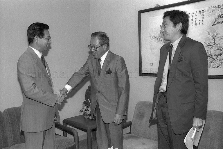 Taken at: Call on Deputy Prime Minister Ong Teng Cheong by Ambassador of the Great Republic of Japan Takehiro Togo at the Trade Union House Pictured: Deputy Prime Minister Ong Teng Cheong and Japanese Ambassador Takehiro Togo