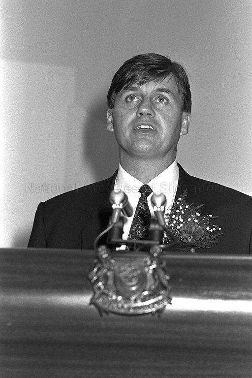 Mr Peter Flowers, then the Managing Director &nbsp;of DHL Express Singapore in 1991, speaking during the opening of DHL Air Express Centre at Tai Seng Drive which Minister for Communications and Minister of State for Trade and Industry Mah Bow Tan is the guest of honour.