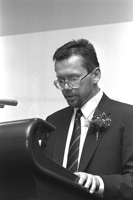 Co-founder of DHL Larry Hillblom speaking during the opening of DHL Air Express Centre at Tai Seng Drive.