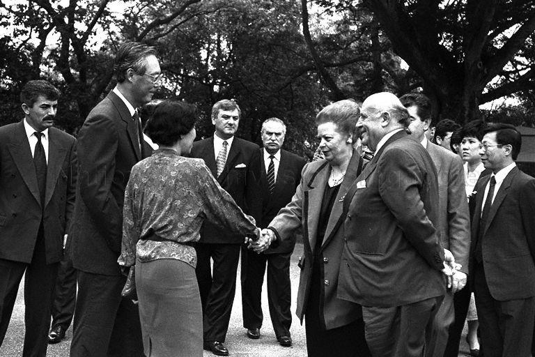 Turkish Prime Minister Suleyman Demirel and Mrs Nazmiye Demirel, who arrive in Singapore for a three-day official visit, being greeted by Prime Minister and Mrs Goh Chok Tong upon his arrival at Istana where a ceremonial welcome is to be held 
