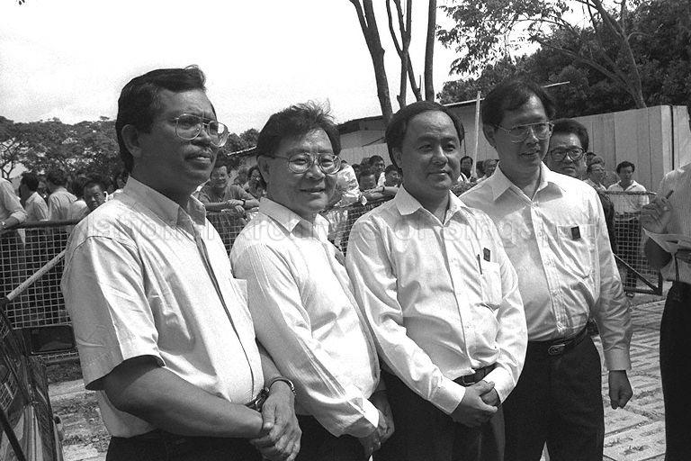 National Solidarity Party (NSP) candidates (from left) Sarry Hassan, Ken Sunn, Tan Chee Kien and Dr Paul Yong Choon Poh posing for photographs at Tao Nan School on nomination day for by-election in Marine Parade Group Representation Constituency (GRC) 