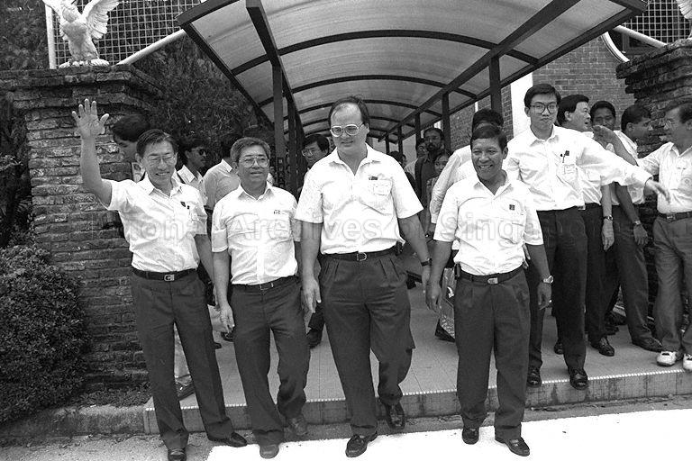 Mr Chiam See Tong (left) with Singapore Democratic Party (SDP) candidates at Tao Nan School on nomination day for by-election in Marine Parade Group Representation Constituency (GRC)