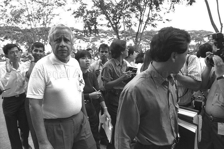Workers' Party (WP) secretary-general J B Jeyaretnam at Tao Nam School on nomination day for by-election in Marine Parade Group Representation Constituency (GRC)
