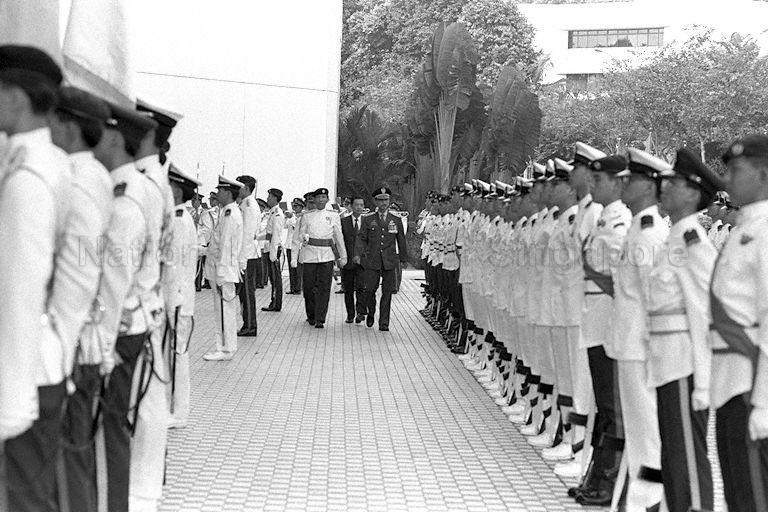 Indonesian Minister for Defence and Security General Edi Sudradjat reviewing guard of honour mounted by the Army, Navy and Air Force at Ministry of Defence, Gombak Drive, when he calls on Minister for Defence Dr Yeo Ning Hong