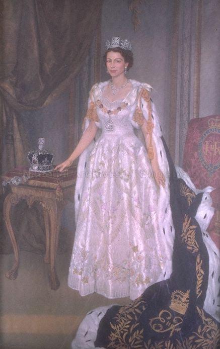 Portrait painting of Queen Elizabeth II (1926- , reigned from 1952) in coronation robes by Sir Herbert James Gunn (1893-1964)