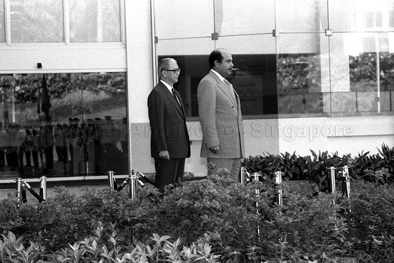 Malaysian Defence Minister Datuk Syed Hamid Syed Jaafar Albar at review ceremony of guard of honour at Ministry of Defence, Gombak Drive. With him is Deputy Prime Minister and Minister for Defence Dr Tony Tan Keng Yam. 