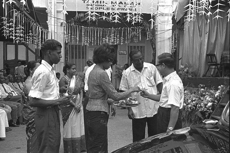 Deputy Prime Minister Dr Toh Chin Chye (right) visiting Tamil newspaper 'Tamil Malar' office at Race Course Road