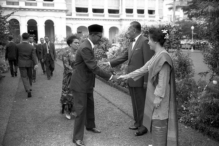National Day Reception 1964 at Istana - Yang Di-Pertuan Negara Yusof Ishak and Puan Noor Aishah receiving guests