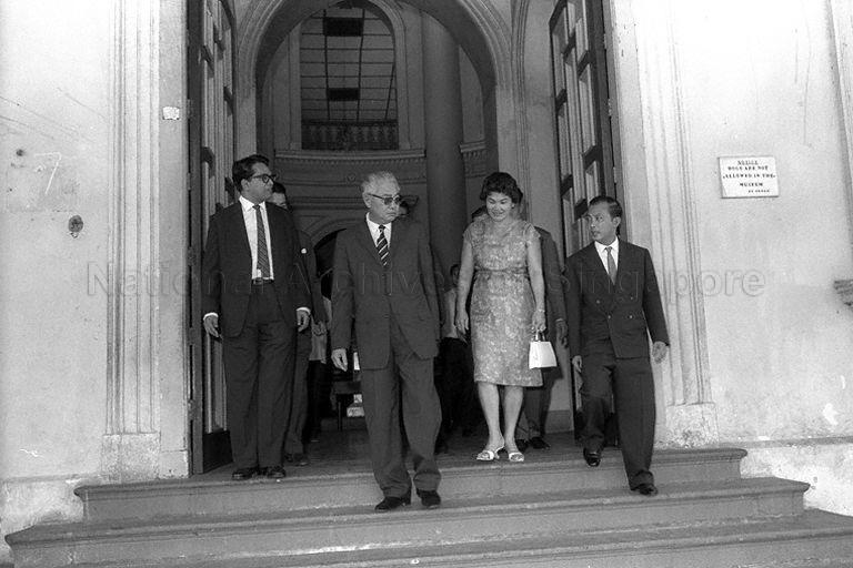Governor General of Trinidad and Tobago Sir Solomon Hochoy and Lady Hochoy leaving National Museum at the end of their visit