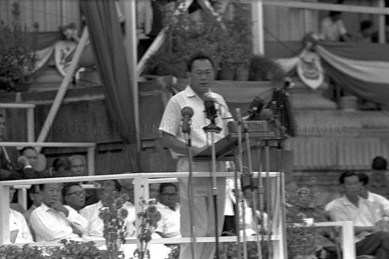Prime Minister Lee Kuan Yew speaking during parade marking Malaysia Solidarity Day at Padang