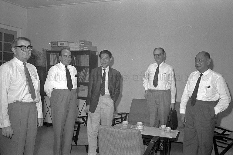 Group photograph of, from left, President of the Singapore Employers' Federation Max Lewis, Vice-President of Singapore Employers' Federation R C Hubball, Minister for Labour Jek Yeun Thong, Secretary for Singapore Employers' Federation J J Rattray and G C Thio when members of Singapore Employers' Federation call on Minister for Labour.