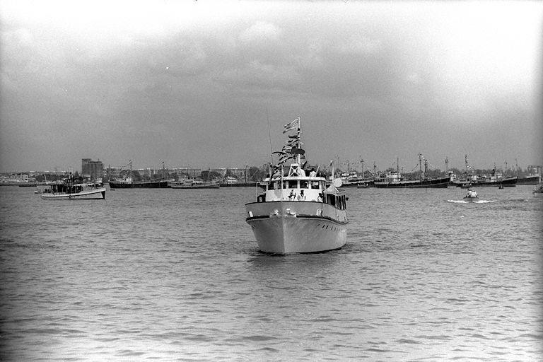 View of Royal Malaysian Navy flagship K D Mutiara in which Yang Di-Pertuan Agong Tuanku Syed Putra is travelling in while on a tour of Singapore waterfront and to Pulau Bukom during his state visit to Singapore